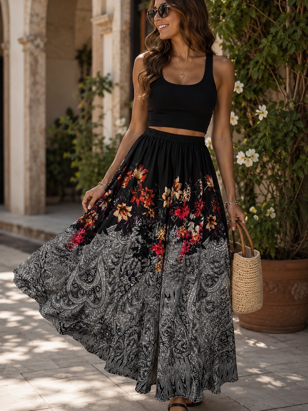 Mix Nouveau New York Women’s Boho Maxi Skirt Size M Black Floral Paisley Elastic